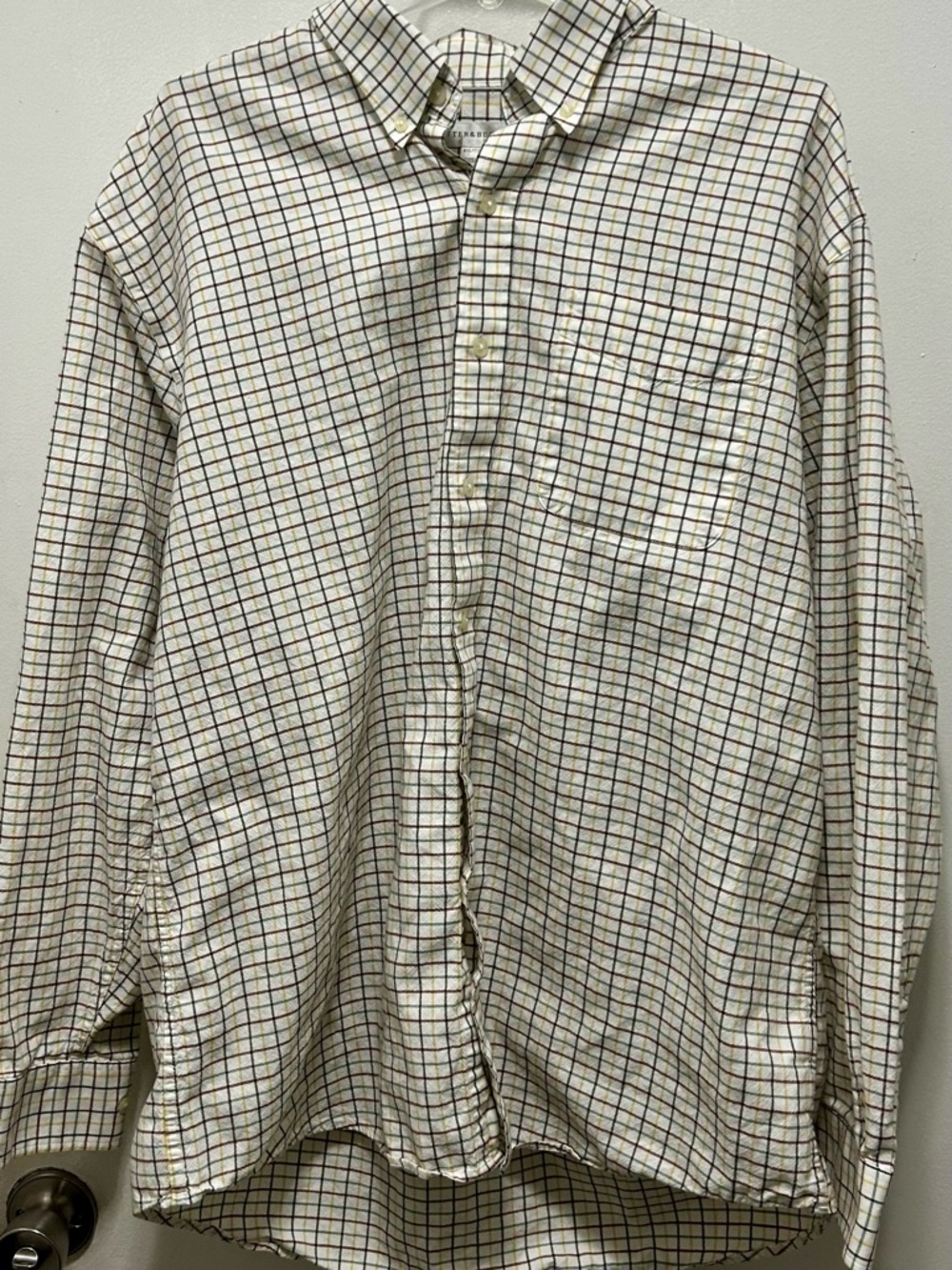 Cutter & Buck Plaid Button-Up Shirt in Cream with Green, Blue and Maroon Accents